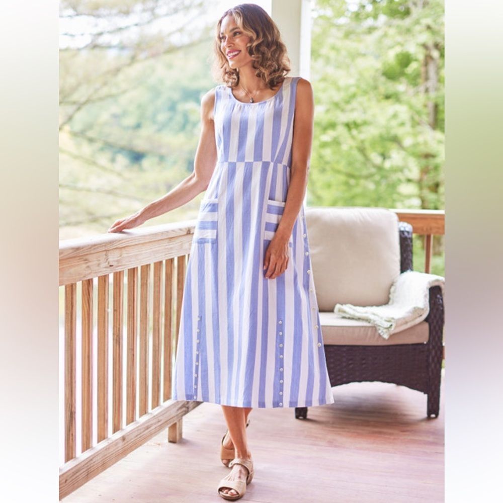April Cornell XL Nantucket Stripe Periwinkle White Sleeveless Midi Porch Dress
